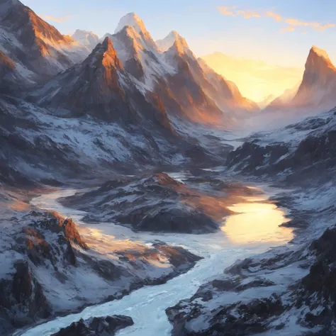 samdoesarts style. physical palette knife painting, thick Oil paint, stunning landscape, vast scale, soft colors, muted contrast, extremely detailed and intricate. Mountainous arctic valley river. Light fog, gently snowing, sunrise. God rays, sharp focus
