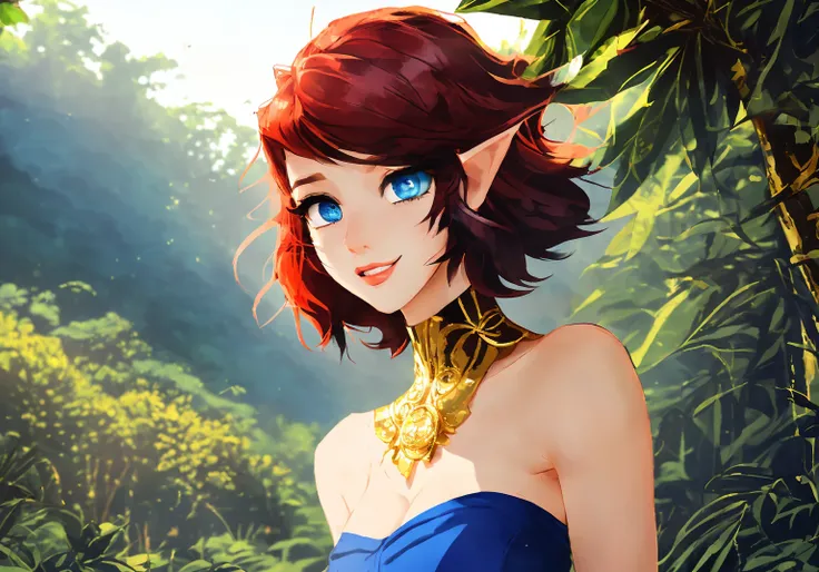 Samdoesart style. Action shot. Cute, gorgeous teen girl, elf ears, slender, (detailed (alluring:1.5) blue eyes, eyeliner, flowing red hair:1.3). (Blue [bodycon|sundress], gold adornments, gold boots:1.3). adorably excited. Dense jungle, beautiful scenery. Intricate and highly detailed, realistic shadows.