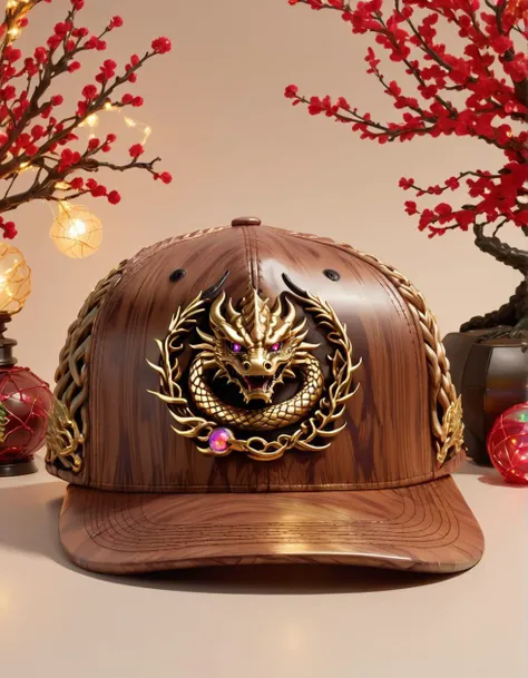 Lunar New Year Wood Love Dragon, <lora:SkeletoNaut-000009:0.8> Dragon Head Vaporwave Fitted Cap, cuban links <lora:fairy_lights:1> , fairy lights, , fusion of wood element with the dragon symbol, embodying strength and flexibility in love, highlighting the Lunar New Year's celebration of renewal and growth, integrating motifs of dragons in lush, wooden environments, symbols of enduring love and prosperity, Lunar New Year Wood Love Dragon