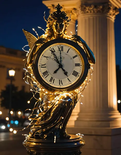 fairy lights, A dynamic image of a clock melting over a classical statue, intricate accurate details, capturing the fluidity of time and the permanence of art, 8K.