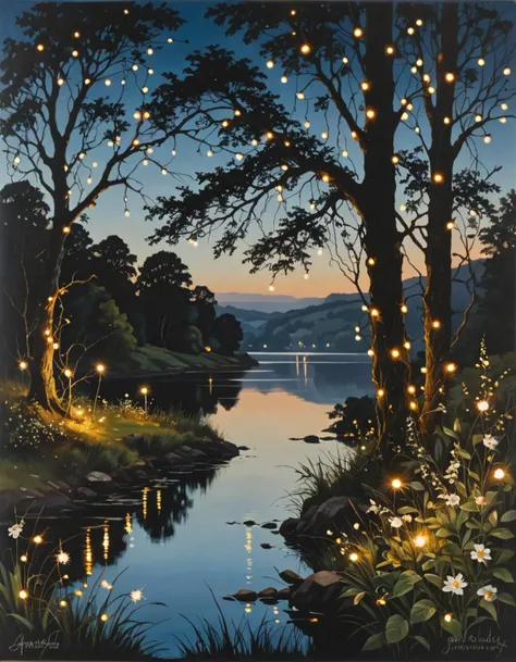 fairy lights, near a lake in the style of black arts movement, by artist Jane Nasmyth