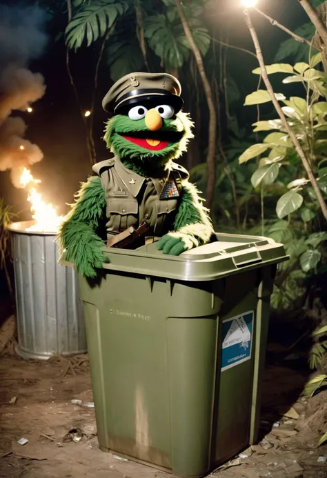 Faded Polaroid Photo, sesame street oscar the grouch as a soldier in the military sitting in a trashcan, Realistic ,Photorealistic ,Raw photo ,realism ,realistic style, in a fire fight vietnam war in the jungle <lora:fairy_lights:1> , fairy lights, , analog, old faded photo, old polaroid