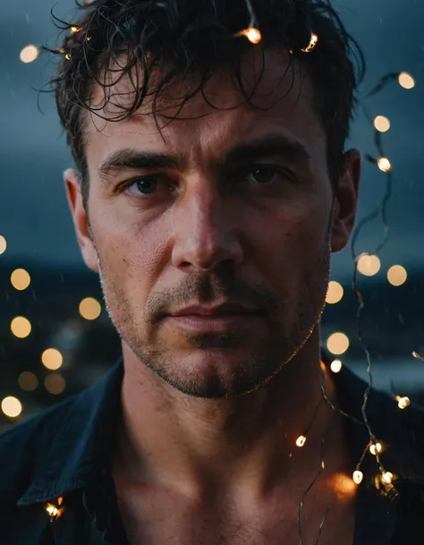 fairy lights, Close-up portrait of a man, tense expression, stormy weather backdrop, dramatic lighting, reminiscent of Ansel Adams' work