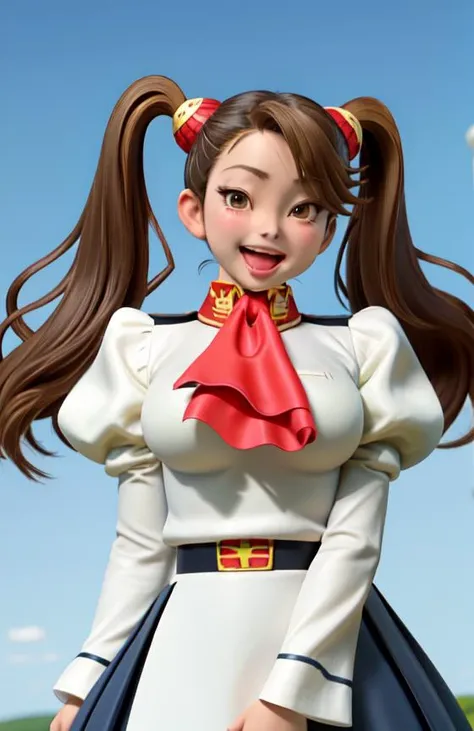 (masterpiece, best quality:1.2), <lora:gundam_sazaki-10:1>,
cowboy shot, solo, 1girl, sazaki kaoruko,
smirk, looking at viewer, twintails, hair ornament, white shirt, red ascot,shot puffy sleeves, shot juliet sleeves, black high-waist skirt, white legwear, ((chubby)),
((arms behind head)) , ((cute smile and open mouth)),
((sky background)), floating in the sky