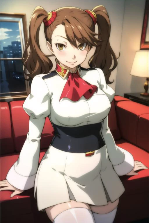 (masterpiece, best quality:1.2), sazaki kaoruko, 1girl, twintails, smirk, plump, red ascot, long sleeves, juliet sleeves, puffy sleeves, high-waist skirt, white legwear, cowboy shot, living room,  <lora:kaorukoSazakiGundam_v10:1>,  <lora:personaCatherineSoejima_1:0.6>