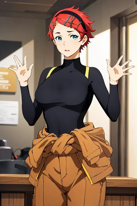 black top,brown pants,long sleeves,black bodysuit,sweater around waist, waving, <lora:Elnora_Samaya_Mercury_Gundam-KK77-V1:0.7>, red hair,Short hair,hair ornament,headband,blue eyes,hairclip,
1 girl, 20yo,Young female,Beautiful Finger,Beautiful long legs,Beautiful body,Beautiful Nose,Beautiful character design, perfect eyes, perfect face,expressive eyes, looking at viewer, in the center of the image,(light_smile:0.5), official art,extremely detailed CG unity 8k wallpaper, perfect lighting,Colorful, Bright_Front_face_Lighting,shiny skin, (masterpiece:1.0),(best_quality:1.0), ultra high res,4K,ultra-detailed, photography, 8K, HDR, highres, absurdres:1.2, Kodak portra 400, film grain, blurry background, bokeh:1.2, lens flare, (vibrant_color:1.2) (Beautiful,large_Breasts:1.0), (beautiful_face:1.5),(narrow_waist)