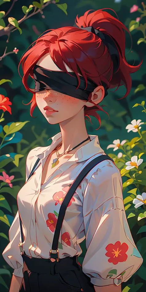 (black-blindfold:1.2), (masterpiece, best quality), 1girl, collarbone, wavy hair, looking at viewer, blurry, upper body, necklace, suspenders, floral print, ponytail, freckles, red hair, sunlight, <lora:YKHB-000000:0.3>