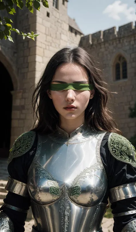 (green-blindfold:1.2),(masterpiece),(extremely intricate:1.3),(realistic),portrait of a girl,the most beautiful in the world,(medieval armor),metal reflections,upper body,outdoors,intense sunlight,far away castle,professional photograph of a stunning woman detailed,sharp focus,dramatic,award winning,cinematic lighting,octane render,unreal engine,volumetrics dtx,(film grain),<lora:YKHB-000000:0.3>,