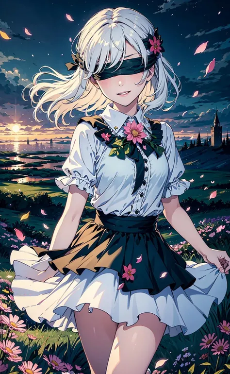 (green-blindfold:1.3), masterpiece, best quality, 1girl, (colorful),(delicate eyes and face), volumatic light, ray tracing, bust shot ,extremely detailed CG unity 8k wallpaper,solo,smile,intricate skirt,((flying petal)),(Flowery meadow) sky, cloudy_sky, moonlight, moon, night, (dark theme:1.3), light, fantasy, windy, magic sparks, dark castle,white hair, <lora:YKHB-000000:0.3>