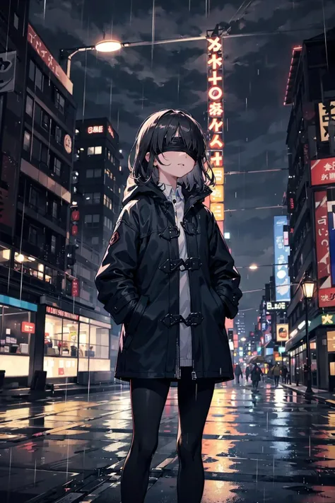 (black-blindfold:1.3),1girl,night city,rain,coat,hands in pockets <lora:YKHB-000000:0.3>