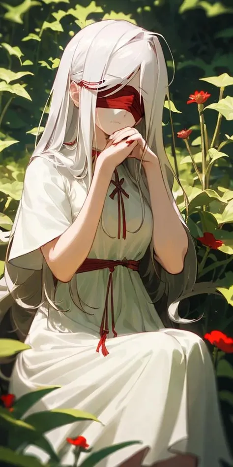 (red-blindfold),(masterpiece, best quality),1girl with long white hair sitting in a field of green plants and flowers,her hand under her chin,warm lighting,white dress,blurry foreground,