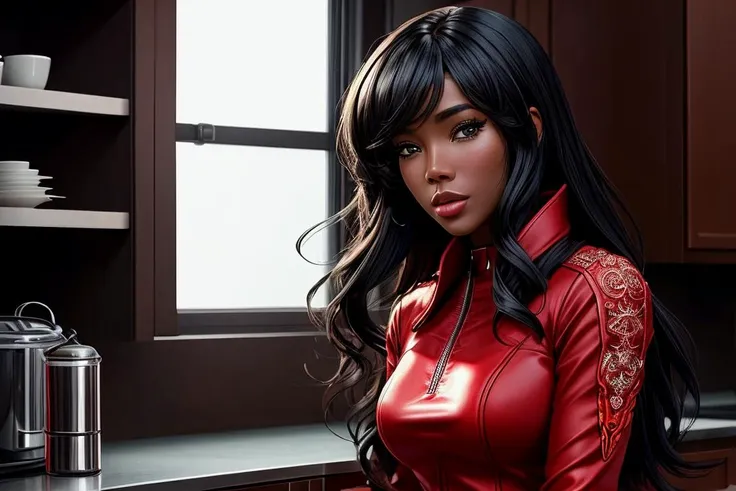 photo of beautiful (mon1f4:0.99), a woman in (kitchen:1.1), perfect hair, wearing red (habit:1.1), (Shironuri:1.1), modelshoot style, (extremely detailed CG unity 8k wallpaper), professional majestic (art by Ken Sugimori:1.1), extremely intricate, High (Detail:1.1), Sharp focus, dramatic, soft cinematic light, (looking at viewer), (detailed pupils), (upper body), 4k textures, elegant, ((((cinematic look)))), soothing tones, insane details, hyperdetailed, low contrast