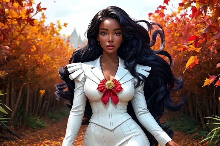 photo of beautiful (mon1f4:0.99), a woman in (autumn:1.1), perfect hair, wearing white (skirt suit:1.1), (Mulchcore:1.1), modelshoot style, (extremely detailed CG unity 8k wallpaper), professional majestic (art by Sailor Moon:1.1), extremely intricate, High (Detail:1.1), Sharp focus, dramatic, soft cinematic light, (looking at viewer), (detailed pupils), (upper body), 4k textures, elegant, ((((cinematic look)))), soothing tones, insane details, hyperdetailed, low contrast