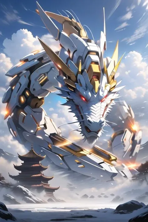 <lora:mecha_loong_v2:0.6>,a mecha dragon,
8k,High quality,high quality,morning sunshine,glowing body,mechanical joint,orange led light,high detailed mecha,high-precision mecha,mecha,exoskeleton mechanical armor,red eyes,outdoors,horns,sky,growing joint,day,cloud,blue sky,no humans,glowing,cloudy sky,scenery,eastern dragon,pagoda,building,flying,jet device,high detailed,white mecha,HD,black joint,