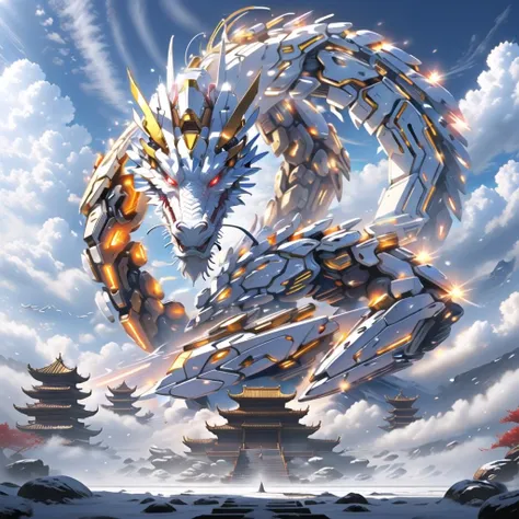 <lora:mecha_loong_v3:0.6>,a mecha dragon,
8k,High quality,high quality,morning sunshine,glowing body,mechanical joint,orange led light,high detailed mecha,high-precision mecha,mecha,exoskeleton mechanical armor,red eyes,outdoors,horns,sky,growing joint,day,cloud,blue sky,no humans,glowing,cloudy sky,scenery,eastern dragon,pagoda,building,flying,jet device,high detailed,white mecha,HD,black joint,