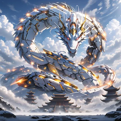 <lora:mecha_loong_v2:0.6>,a mecha dragon,
8k,High quality,high quality,morning sunshine,glowing body,mechanical joint,orange led light,high detailed mecha,high-precision mecha,mecha,exoskeleton mechanical armor,red eyes,outdoors,horns,sky,growing joint,day,cloud,blue sky,no humans,glowing,cloudy sky,scenery,eastern dragon,pagoda,building,flying,jet device,high detailed,white mecha,HD,black joint,
