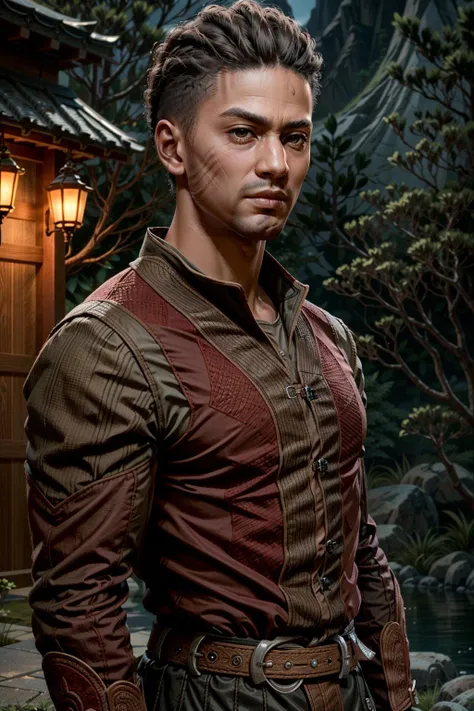 (masterpiece, best quality:1.3)
<lora:epi_noiseoffset2:1> <lora:add_detail:0.7> <lora:BGWyll:0.8>
BGWyll, 1boy, solo, bald, facial mark, muscular, upper body , traditional Japanese garden, evening, tranquil and enchanting with soft lantern light