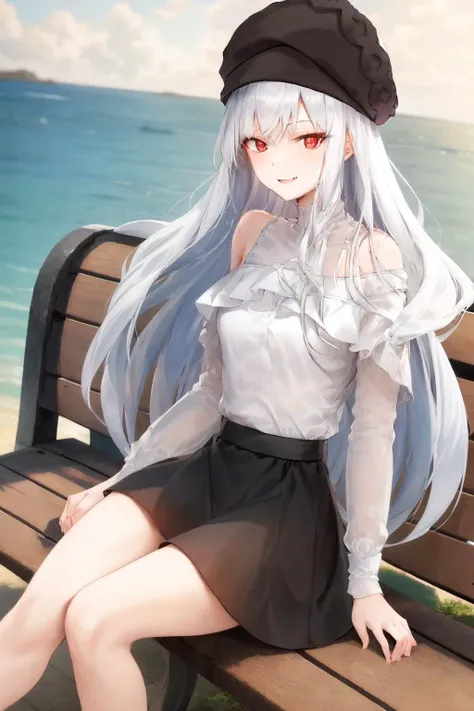 luciela, 1girl, black winter hat, fang, white shirt, black skirt, white hair, medium breasts, (onee), mature female, smile, looking at viewer, facing viewer, long hair, sea, outdoors, dynamic pose, [side braid], bare legs, full body, sitting on bench,