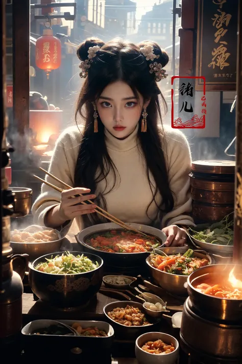 (wide shot, wide-angle lens,Panoramic:1.2),super vista, super wide AngleLow Angle shooting, super wide lens, Dynamic Angle, Perspective, High Point,pov
(dramatic, gritty, intense:1.4),masterpiece, best quality, 32k uhd, insane details, intricate details, hyperdetailed, hyper quality, high detail, ultra detailed, Masterpiece,
1girl, solo focus, food stand,chopsticks, light magenta and white,
A shot with tension(Visual impact,giving the poster a dynamic and visually striking appearance:1.2),Chinese Zen style,impactful picture,
<lora:~Q?-pk Hot pot:0.8>turtleneck_sweater,
