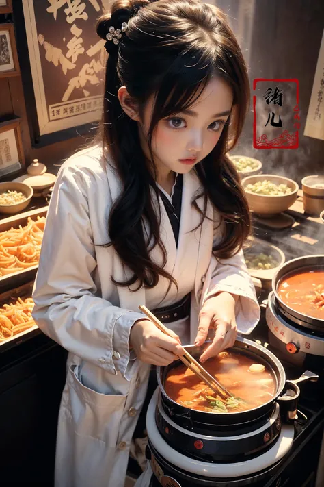 (wide shot, wide-angle lens,Panoramic:1.2),super vista, super wide AngleLow Angle shooting, super wide lens, Dynamic Angle, Perspective, High Point,povHot pot
(dramatic, gritty, intense:1.4),masterpiece, best quality, 32k uhd, insane details, intricate details, hyperdetailed, hyper quality, high detail, ultra detailed, Masterpiece,
1girl, solo focus, food stand,chopsticks,  blue, white, black, red, purple, orange, pink, green
A shot with tension(Visual impact,giving the poster a dynamic and visually striking appearance:1.2),Chinese Zen style,impactful picture,
<lora:~Q?-pk Hot pot:0.8>torn_thighhighs,( serafuku:1.5), (labcoat:1.5),