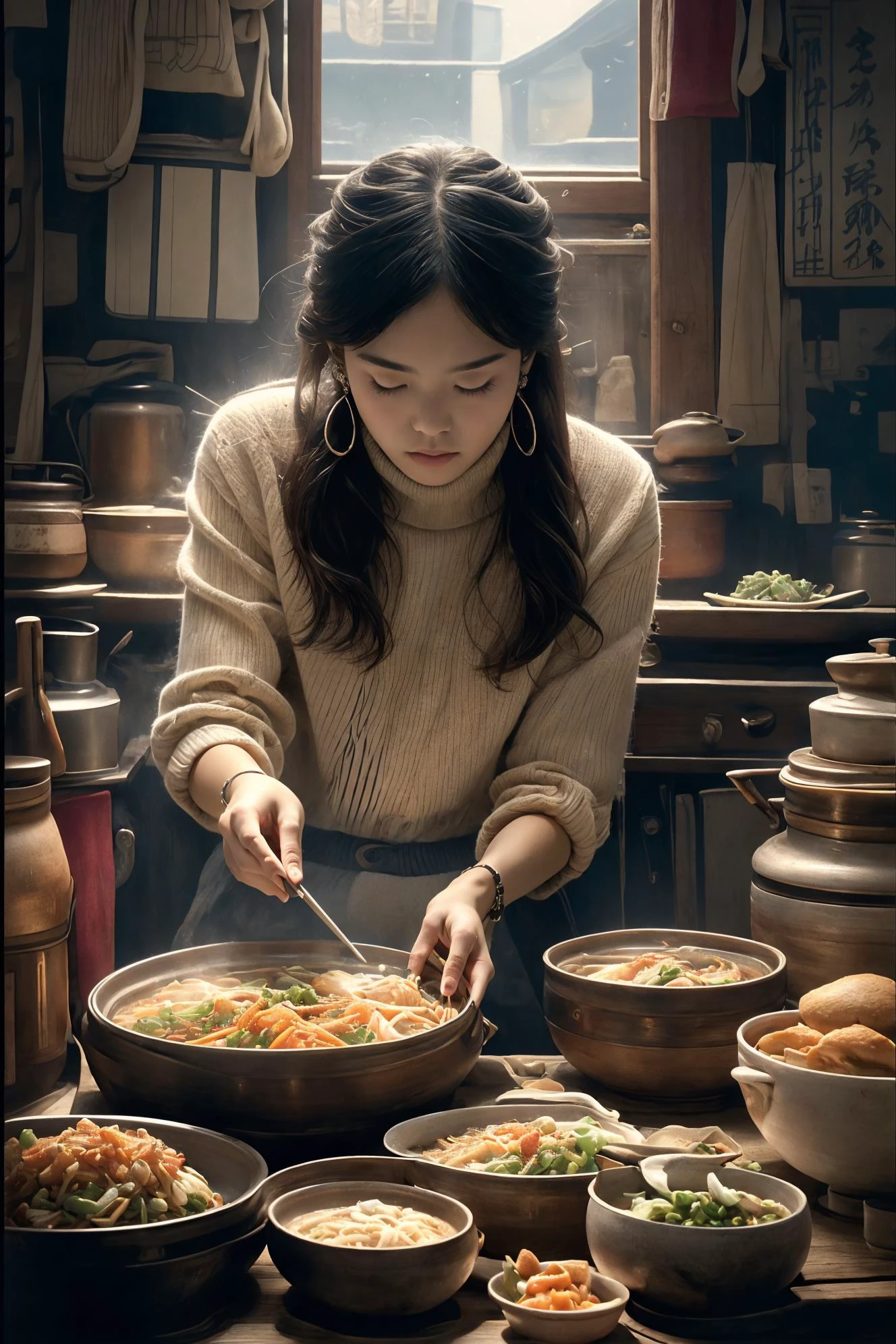 (wide shot, wide-angle lens,Panoramic:1.2),super vista,super wide Angle,Low Angle shooting,super wide lens,Dynamic Angle,Perspective,High Point,pov,
(dramatic, gritty, intense:1.4),masterpiece,best quality,32k uhd,insane details,intricate details,hyperdetailed,hyper quality,high detail,ultra detailed,Masterpiece,
1girl,solo focus,food stand,chopsticks,light magenta and white,
A shot with tension,(Visual impact,giving the poster a dynamic and visually striking appearance:1.2),Chinese Zen style,impactful picture,
<lora:绪å¿-ç«é
Hot pot:0.8>,turtleneck_sweater,