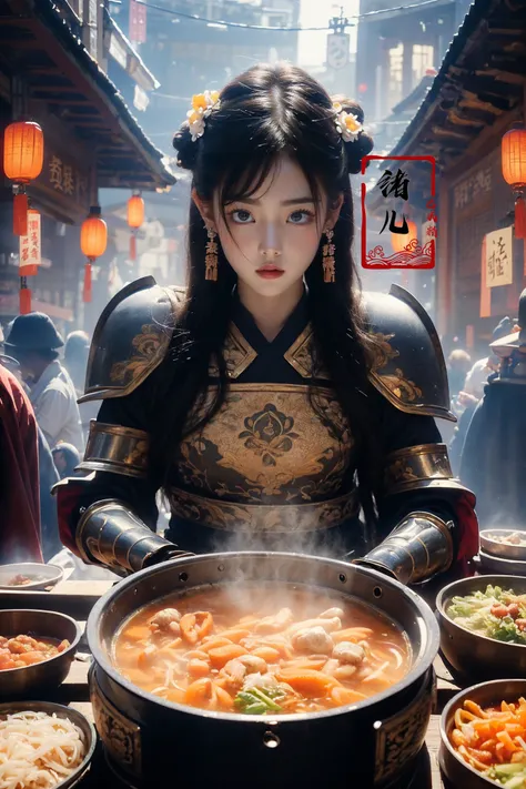 (wide shot, wide-angle lens,Panoramic:1.2),super vista, super wide AngleLow Angle shooting, super wide lens, Dynamic Angle, Perspective, High Point,povHot pot
(dramatic, gritty, intense:1.4),masterpiece, best quality, 32k uhd, insane details, intricate details, hyperdetailed, hyper quality, high detail, ultra detailed, Masterpiece,
1girl, solo focus, food stand,chopsticks,  blue, white, black, red, purple, orange, pink, green
A shot with tension(Visual impact,giving the poster a dynamic and visually striking appearance:1.2),Chinese Zen style,impactful picture,
<lora:~Q?-pk Hot pot:0.8>( serafuku:1.5), (japanese_armor:1.5),