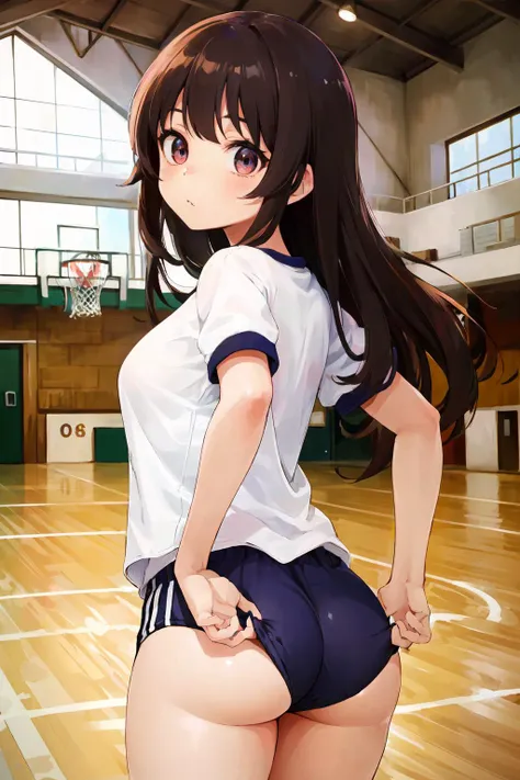 <lora:adjusting_clothes_ass_v0.1:1> adjusting clothes, 
from behind.
cute face, kawaii, cute, very big eyes, Aesthetic Anime Eyes, small face,
(8k,  masterpiece, best quality, high resolution:1.3),
huge breasts, brown eyes, 
buruma, gym shirt,
1girl, solo,  <lora:school_gym_v0.1:0.6> school gym,