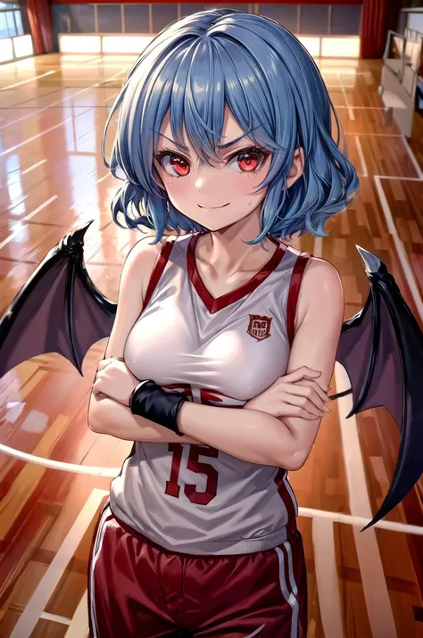 (masterpiece, best quality, detailed), 1girl, solo, looking at viewer, Remilia_Scarlet_Touhou, red eyes, blue hair, short hair, vampire,
basketball jersey, shorts, sweatband, headband, wristband, basketball, <lora:school_gym_v0.1:1>, school gym, crossed arms, breast hold, arms under breasts, smile, closed mouth, smug, v-shaped eyebrows