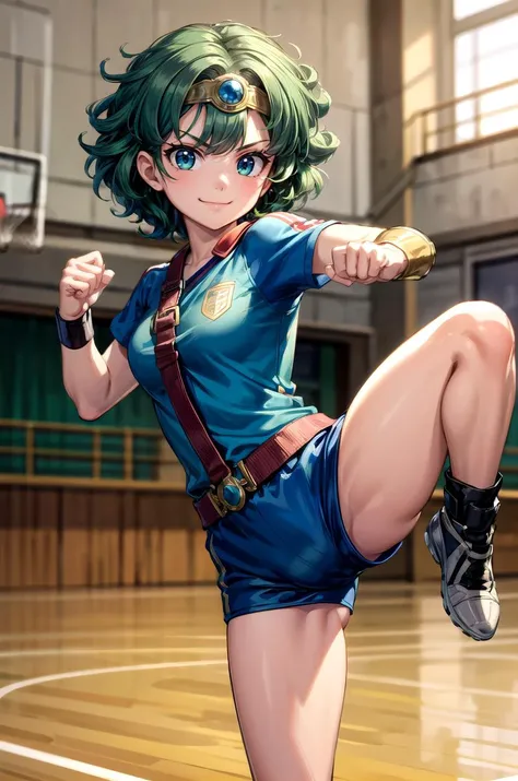 (masterpiece, best quality, detailed), 1girl, solo, looking at viewer, heroine, circlet, curly hair, green hair, short hair,
<lora:Soccer Uniform By Stable Yogi:0.5>, soccer uniform, <lora:school_gym_v0.1:1>, school gym, fighting stance, standing on one leg, kicking, leg up, smug, smile, closed mouth