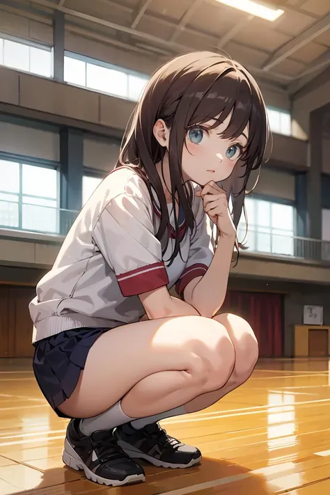 (masterpiece, best quality), 1girl, <lora:school_gym_v0.1:1> school gym, gym uniform, squatting, buruma,