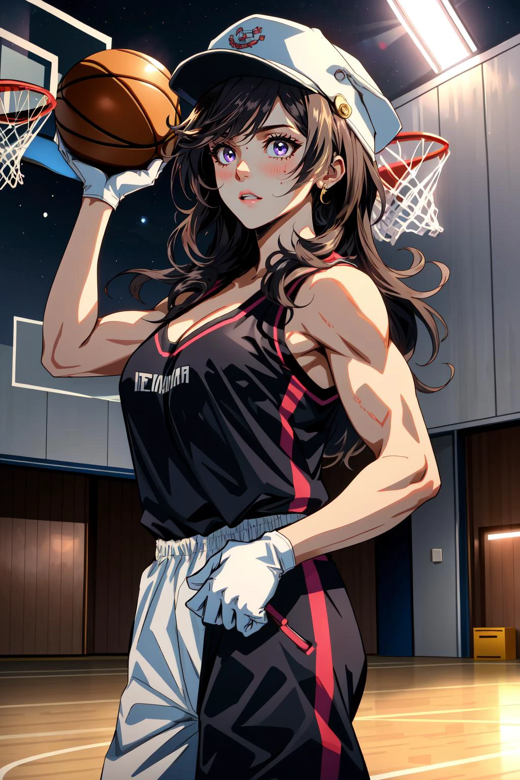 (masterpiece, best quality), intricate details,
1girl, maki oze, long hair, bangs, black hair, (purple eyes:1.1), muscular female, muscular,, cleavage, gloves, hat, bare shoulders, collarbone, black gloves, pantslyco:makioze-LYCORIStest:0.8>
<lora:school_gym_v0.1:0.8> school gym, basketball court, basketballs, sweaty, night time, dangerous, scared, <lora:eExpressions2:0.8> eexpr,