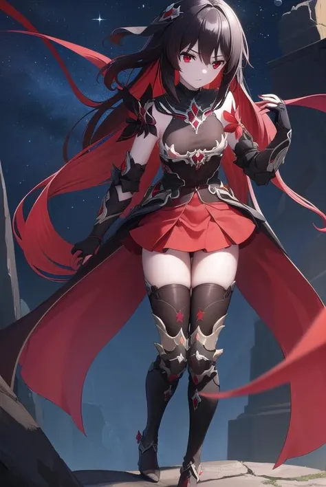 starchasmnyx, <lora:starchasmnyx-lora-nochekaiser:1>,
starchasm nyx, antenna hair, hair between eyes, long hair, (red eyes:1.5), red hair, black hair, two-tone hair, (small breasts:1.2),
BREAK bare shoulders, black dress, black footwear, boots, chain, dress, flower, hair ornament, red flower, thigh boots, thighhighs,
BREAK looking at viewer, (full body:1.2),
BREAK outdoors, space, star (sky), starry sky,
BREAK <lyco:GoodHands-beta2:1>, (masterpiece:1.2), best quality, high resolution, unity 8k wallpaper, (illustration:0.8), (beautiful detailed eyes:1.6), extremely detailed face, perfect lighting, extremely detailed CG, (perfect hands, perfect anatomy),