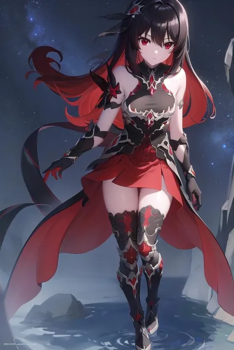 starchasmnyx, <lora:starchasmnyx-lora-nochekaiser:1>,
starchasm nyx, antenna hair, hair between eyes, long hair, (red eyes:1.5), red hair, black hair, two-tone hair, (small breasts:1.2),
BREAK bare shoulders, black dress, black footwear, boots, chain, dress, flower, hair ornament, red flower, thigh boots, thighhighs,
BREAK looking at viewer, (full body:1.2),
BREAK outdoors, space, star (sky), starry sky,
BREAK <lyco:GoodHands-beta2:1>, (masterpiece:1.2), best quality, high resolution, unity 8k wallpaper, (illustration:0.8), (beautiful detailed eyes:1.6), extremely detailed face, perfect lighting, extremely detailed CG, (perfect hands, perfect anatomy),
