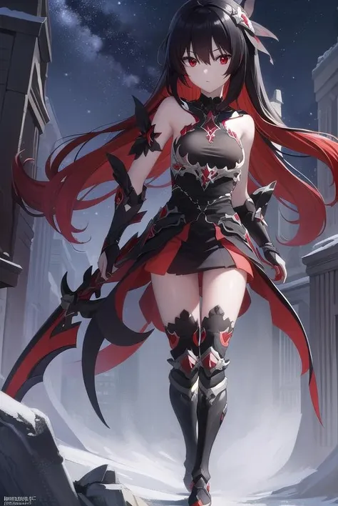 starchasmnyx, starchasm nyx, Antenna Hair, Hair between the eyes, Long Hair, (Red eyes:1.5), Redhead, Black Hair, Two-tone hair, (Small breasts:1.2),
break bare shoulders, black dress, Black footwear, boots, rock, dress, flower, hair ornaments, red flower, thigh boots, Knee socks,
break looking at viewer, (whole body:1.2),
break outdoors, null間, star (null), starry null,
break (masterpiece:1.2), Highest quality, High resolution, unity 8k wallpaper, (shape:0.8), (Fine and beautiful eyes:1.6), Highly detailed face, Perfect lighting, Highly detailed CG, (Perfect hands, Perfect Anatomy),