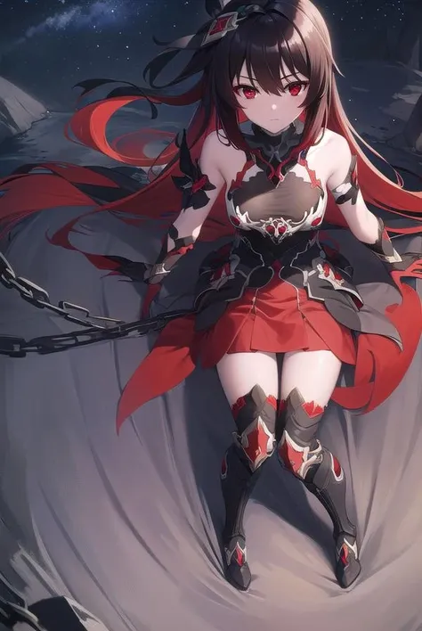 starchasmnyx, <lora:starchasmnyx-lora-nochekaiser:1>,
starchasm nyx, antenna hair, hair between eyes, long hair, (red eyes:1.5), red hair, black hair, two-tone hair, (small breasts:1.2),
BREAK bare shoulders, black dress, black footwear, boots, chain, dress, flower, hair ornament, red flower, thigh boots, thighhighs,
BREAK looking at viewer, (full body:1.2),
BREAK outdoors, space, star (sky), starry sky,
BREAK <lyco:GoodHands-beta2:1>, (masterpiece:1.2), best quality, high resolution, unity 8k wallpaper, (illustration:0.8), (beautiful detailed eyes:1.6), extremely detailed face, perfect lighting, extremely detailed CG, (perfect hands, perfect anatomy),