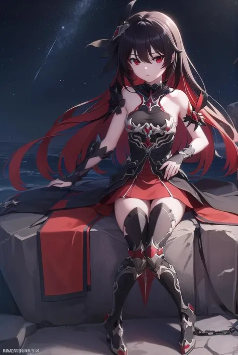 starchasmnyx, <lora:starchasmnyx-lora-nochekaiser:1>,
starchasm nyx, antenna hair, hair between eyes, long hair, (red eyes:1.5), red hair, black hair, two-tone hair, (small breasts:1.2),
BREAK bare shoulders, black dress, black footwear, boots, chain, dress, flower, hair ornament, red flower, thigh boots, thighhighs,
BREAK looking at viewer, (full body:1.2),
BREAK outdoors, space, star (sky), starry sky,
BREAK <lyco:GoodHands-beta2:1>, (masterpiece:1.2), best quality, high resolution, unity 8k wallpaper, (illustration:0.8), (beautiful detailed eyes:1.6), extremely detailed face, perfect lighting, extremely detailed CG, (perfect hands, perfect anatomy),