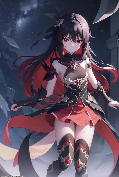 starchasmnyx, <lora:starchasmnyx-lora-nochekaiser:1>,
starchasm nyx, antenna hair, hair between eyes, long hair, (red eyes:1.5), red hair, black hair, two-tone hair, (small breasts:1.2),
BREAK bare shoulders, black dress, black footwear, boots, chain, dress, flower, hair ornament, red flower, thigh boots, thighhighs,
BREAK looking at viewer, (full body:1.2),
BREAK outdoors, space, star (sky), starry sky,
BREAK <lyco:GoodHands-beta2:1>, (masterpiece:1.2), best quality, high resolution, unity 8k wallpaper, (illustration:0.8), (beautiful detailed eyes:1.6), extremely detailed face, perfect lighting, extremely detailed CG, (perfect hands, perfect anatomy),