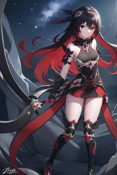 starchasmnyx, <lora:starchasmnyx-lora-nochekaiser:1>,
starchasm nyx, antenna hair, hair between eyes, long hair, (red eyes:1.5), red hair, black hair, two-tone hair, (small breasts:1.2),
BREAK bare shoulders, black dress, black footwear, boots, chain, dress, flower, hair ornament, red flower, thigh boots, thighhighs,
BREAK looking at viewer, (full body:1.2),
BREAK outdoors, space, star (sky), starry sky,
BREAK <lyco:GoodHands-beta2:1>, (masterpiece:1.2), best quality, high resolution, unity 8k wallpaper, (illustration:0.8), (beautiful detailed eyes:1.6), extremely detailed face, perfect lighting, extremely detailed CG, (perfect hands, perfect anatomy),