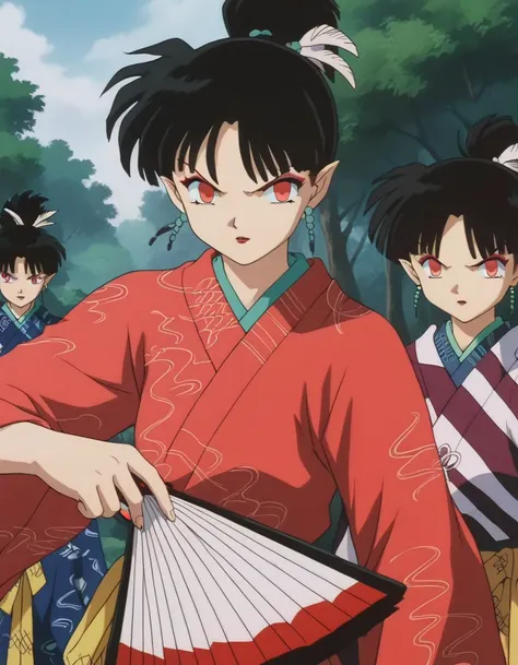 score_9, score_8_up, score_7_up, source_anime,
inuyashakagura, <lora:inuyasha-kagura-ponyxl-lora-nochekaiser:1>,
kagura, black hair, hair ornament, red eyes, pointy ears, makeup, feathers, feather hair ornament, ponytail,
jewelry, earrings, japanese clothes, kimono, makeup, hand fan, folding fan, red kimono, holding fan,
outdoors, forest, nature,
looking at viewer, fighting stance,
