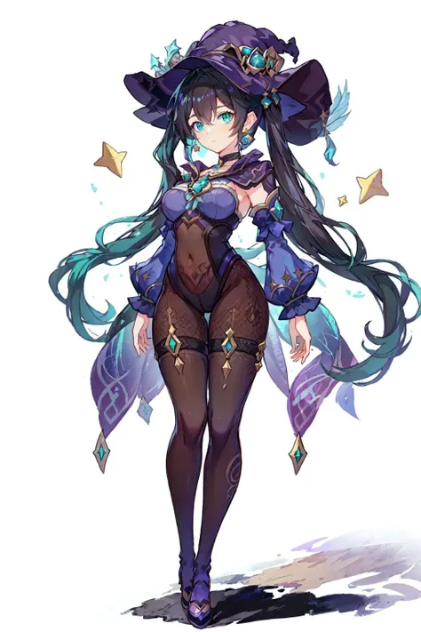 masterpiece, best quality , official art , Hoyoearth, 1girl, solo, long hair, bangs, simple background, black hair, hair ornament, hat, white background, twintails, jewelry, medium breasts, closed mouth, green eyes, full body, pantyhose, earrings, detached sleeves, choker, star , (symbol), aqua eyes, leotard, covered navel, capelet, witch hat, standing on one leg, bodystocking, thighlet, purple headwear, star earrings, <lora:hoyoverse_SD15:0.8> Fntsy4k