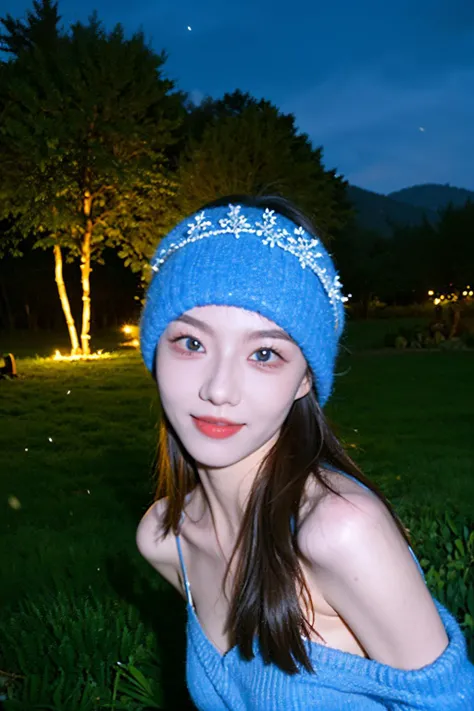 Best quality, masterpiece, ultra high res, (photorealistic:1.4), raw photo, 1girl, herry blossoms, 1girl, tree, solo, aurora, fireworks, long_hair, fireflies, light_particles, pine_tree, snowflake_background, milky_way, aerial_fireworks, headdress, arms behind body, blue_eyes, smile, face focus, detailed face,detailed eyes,shiny skin, in the dark, deep shadow, low key, cold light, look at viewer, <lora:FilmLora_v20:0.5:PALETTE>