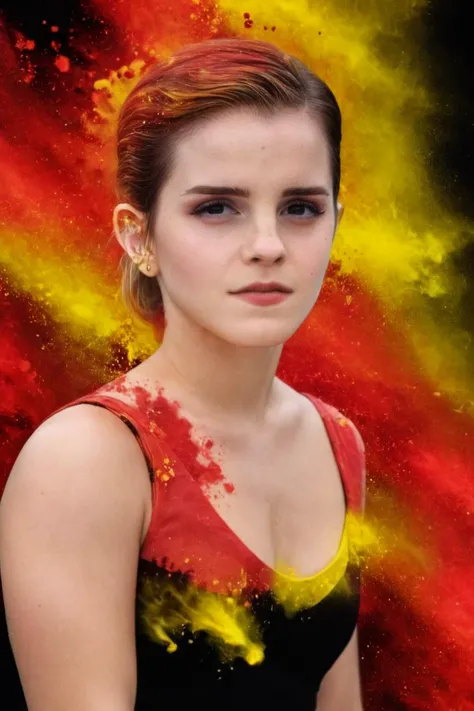 emma watson, red and yellow color splash, black background <lora:colorSplash:1> <lora:emmaWatson:1> . 35mm photograph, film, bokeh, professional, shot by rineke dijkstra, 4k, highly detailed