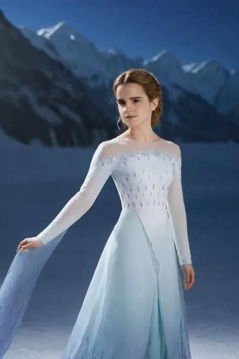 full body shot of elsa (emma watson) wearing intricate aht0hallanDr3ss displaying against frozen mountains of arendelle by night under the soft glow of the moon <lora:aht0hallanDr3ss:1> <lora:emmaWatson:1> . 35mm photograph, film, bokeh, professional, shot by doug dubois, 4k, highly detailed