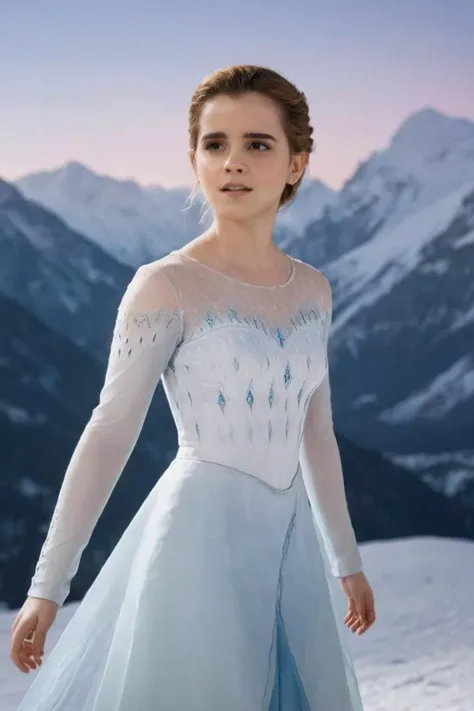 full body shot of elsa (emma watson) in her intricate aht0hallanDr3ss displaying against frozen mountains of arendelle by night under the soft glow of the moon <lora:aht0hallanDr3ss:0.8> <lora:emmaWatson:1> . 35mm photograph, film, bokeh, professional, shot by pieter hugo, 4k, highly detailed