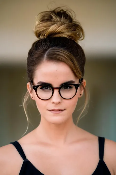 emma watson a young but tired mom with round glasses and a messy top-knot hair bun. The focus is sharp on her tired yet resilient toothsome eyes, framed by quaint glasses, with a soft bokeh background that creates a shallow depth of field. Her disheveled top-knot hair bun adds to the candid charm of the portrait. The image has a analogous colors tone with a natural light setting captured with canon eos 5d mark iv dslr camera by reza deghati. <lora:emmaWatson:1> . 35mm photograph, film, bokeh, professional, shot by sally mann, 4k, highly detailed