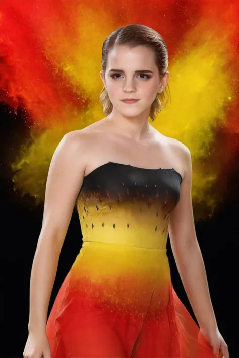 emma watson in aht0hallanDr3ss, red and yellow color splash, black background <lora:colorSplash:1> <lora:emmaWatson:1> <lora:aht0hallanDr3ss:1> . 35mm photograph, film, bokeh, professional, shot by rineke dijkstra, 4k, highly detailed