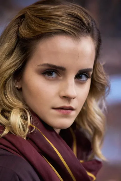 emma watson face partially obscured by a gryffindor scarf, highlighting her striking eyes. The focus is sharp on her eyes with a soft bokeh background that creates a shallow depth of field. Her hair frames her face, and the image has a cool color tone with a natural light setting. The composition is centered, creating an intimate and engaging portrait with a sense of mystery. <lora:emmaWatson:1> . 35mm photograph, film, bokeh, professional, shot by paolo pellegrin, 4k, highly detailed