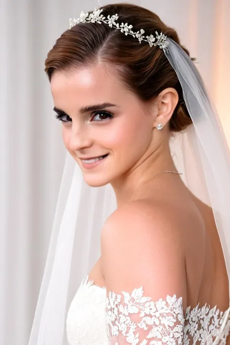 emma watson a bride with gleeful smile and blushed cheeks. The focus is sharp on her perfect eyes, sparkling with excitement and love. She is adorned in an exquisite white lace gown that cascades elegantly around her, accentuating her graceful silhouette. Her hair is intricately styled in floral updo. sexy veil delicately frame her face, adding a touch of ethereal beauty. The background is dreamy, with soft lighting that enhances her natural glow. The image has a romantic tone captured with kodak no 3a folding pocket camera by marie smith. <lora:emmaWatson:1> . 35mm photograph, film, bokeh, professional, shot by rankin, 4k, highly detailed