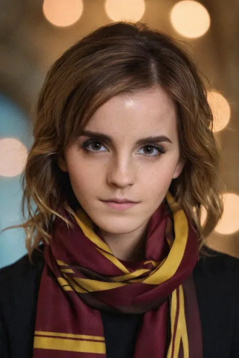 emma watson face partially obscured by a gryffindor scarf, highlighting her striking eyes. The focus is sharp on her eyes with a soft bokeh background that creates a shallow depth of field. Her hair frames her face, and the image has a cool color tone with a natural light setting. The composition is centered, creating an intimate and engaging portrait with a sense of mystery. <lora:emmaWatson:1> . 35mm photograph, film, bokeh, professional, shot by sarah moon, 4k, highly detailed