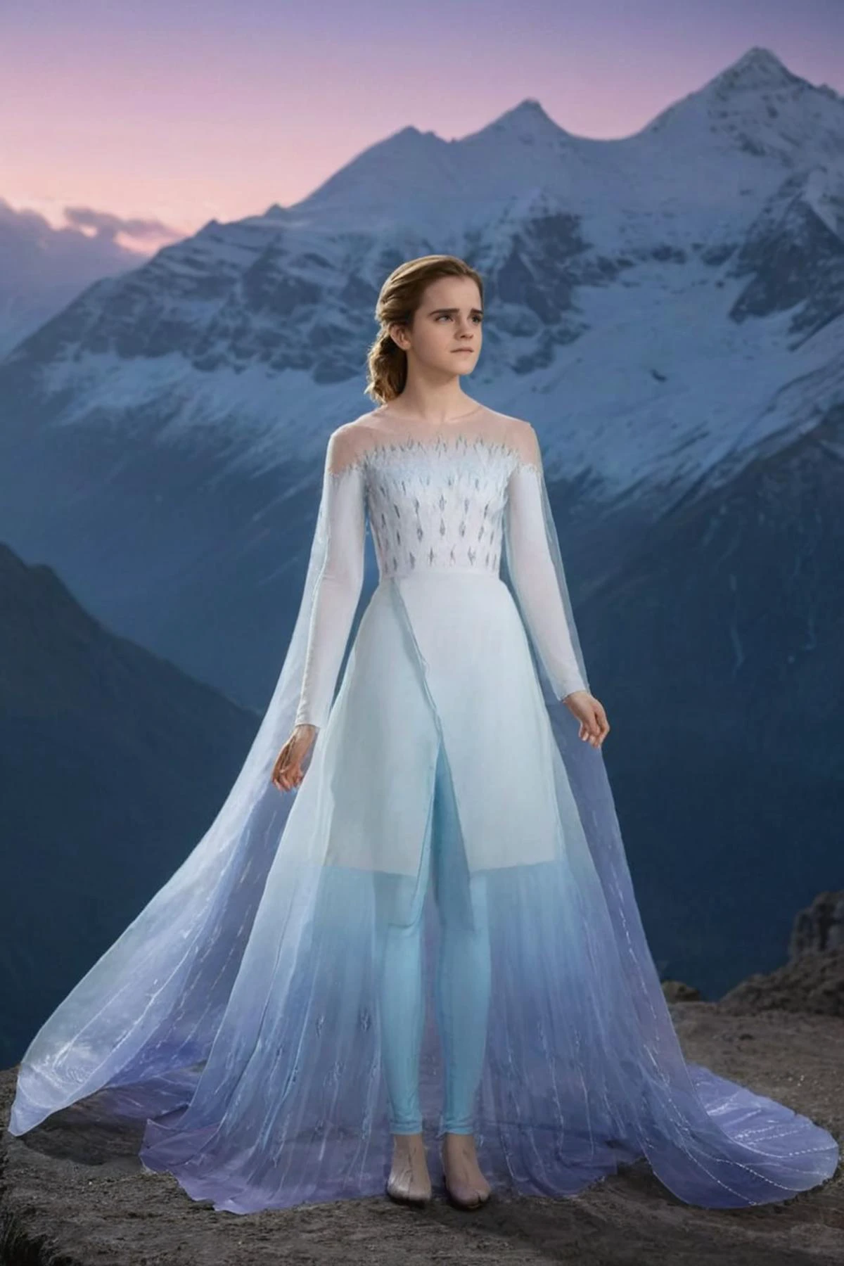 full body shot of elsa (emma watson) in her intricate aht0hallanDr3ss pretending against frozen mountains of arendelle by night under the soft glow of the moon <lora:aht0hallanDr3ss:1> <lora:emmaWatson:1> . 35mm photograph, film, bokeh, professional, shot by shirin neshat, 4k, highly detailed